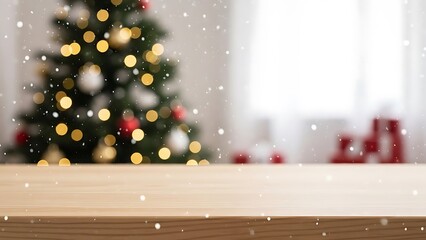 Snow falling on wooden table with Christmas tree and presents in background holiday