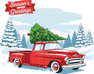 Retro red truck carrying christmas tree winter landscape season greetings illustration vector © SAIF820