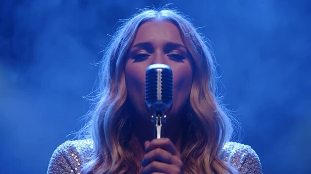 Emotional female singer performing live on stage with vintage microphone and blue lighting