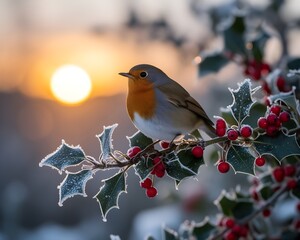 Inverno e gelo: pettirossi su di un ramo di agrifoglio con neve e ghiaccio