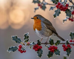 Inverno e gelo: pettirossi su di un ramo di agrifoglio con neve e ghiaccio