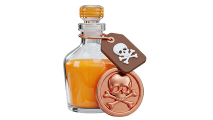 Poison bottle with skull and crossbones tag and coin