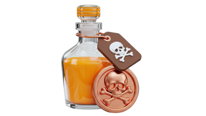 Poison bottle with skull and crossbones tag and coin