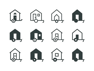 Fototapeta premium Tiny House Travel Icons. Nomadic travel and tiny house tourism. Icon set. Set Logo of Nomadic travel and tiny house tourism: minimalist trailer. harmonious