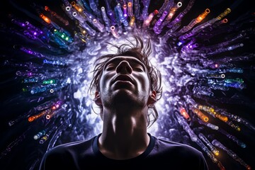 Man experiencing an abstract representation of consciousness and digital data flow
