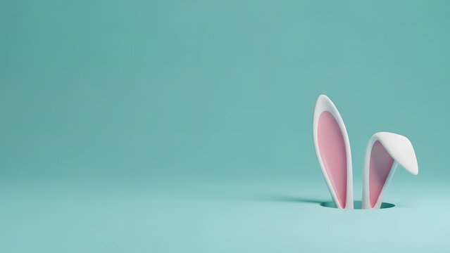 Minimalist 3D Render of White Rabbit Ears Peeking from a Pastel Blue Hole