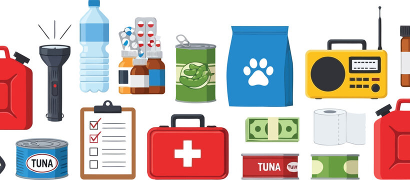 Emergency preparedness kit supplies for survival and disaster readiness supplies collection vector