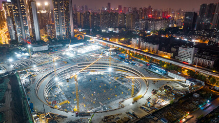 Hankou District Nighttime Aerial Construction Site with Cranes © LeVan