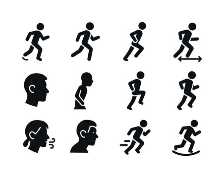 Running Posture Icons. Running posture. Solid icon set of Running posture: heel strike icon, arm swing, forward lean, stride length, head position, midfoot