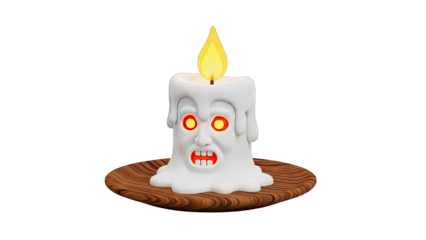 Scared Cartoon Candle with Glowing Eyes on Wooden Plate