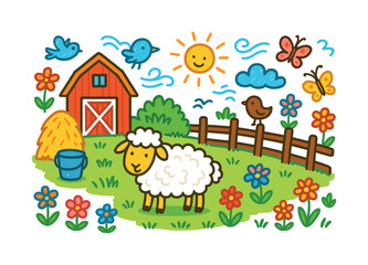 Fototapeta premium Colorful Farm Meadow. Farm meadow. Colorful Hand-drawn doodle Children illustration Farm meadow sheep, barn, grass, butterflies, flowers, wooden fence, clouds,