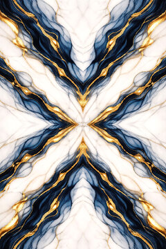 Symmetrical Navy Blue and White Marble Texture with Luxurious Gold Veins, Elegant Book-match Stone Background for Premium Interior Design and Architectural Backdrop