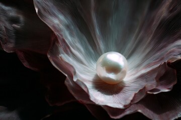 Pearl resting inside iridescent shell on black background