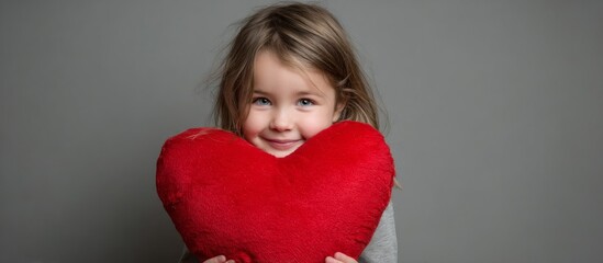 Little girl holding red heart pillow smiling with love