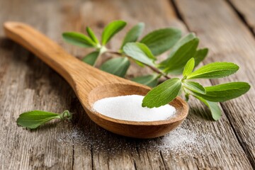 Stevia sweetener powder in wooden spoon with green leaves