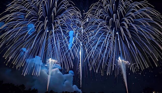 Spectacular Blue Fireworks Exploding in Night Sky Over Silhouetted Trees and Clouds