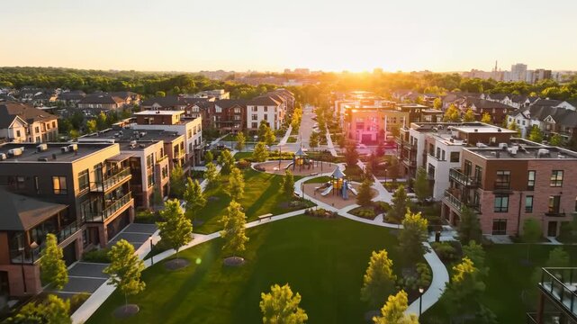Aerial view of suburban neighborhood at sunset