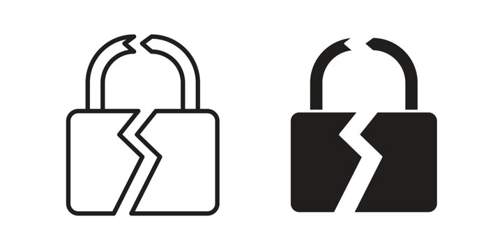 Broken lock icons set designed in filled, outline, line and stroke style