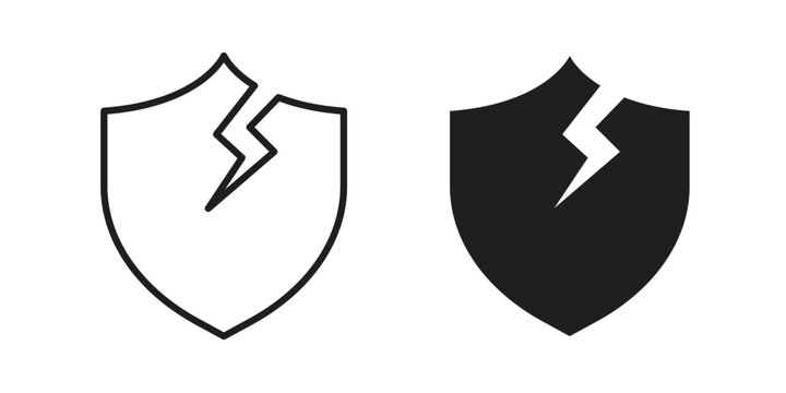 Broken shield icons set designed in filled, outline, line and stroke style