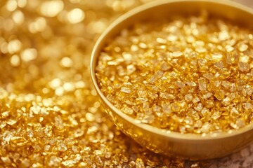 Gold nuggets filling bowl representing wealth and luxury