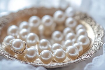 Pearl necklace in silver tray displaying luxury elegance