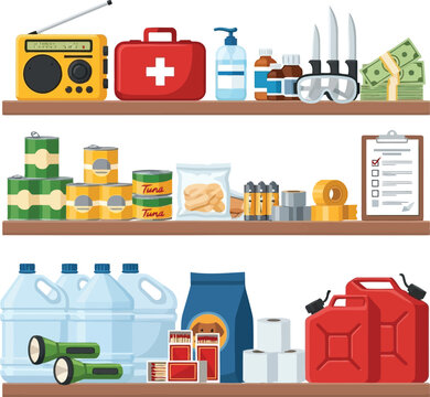 Emergency preparedness supplies stocked on shelves for survival and disaster readiness readiness vector
