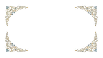 Ornate floral pattern border design, elegant golden scrollwork and blue accents. Decorative corner elements for vintage frames, invitations, sophisticated page layouts