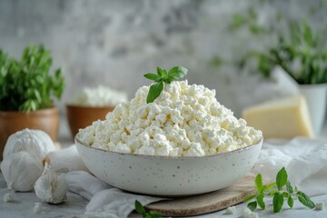 Cottage cheese in bowl, protein rich dairy product