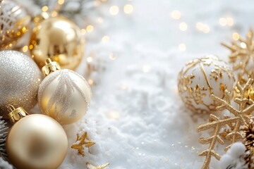 Golden christmas ornaments on snow creating festive border