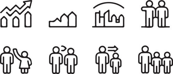 Collection of black line art icons displays various business charts, human figures representing demographics, and global location markers for data presentation.