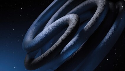 Abstract, interwoven, cylindrical forms against a dark, starry background