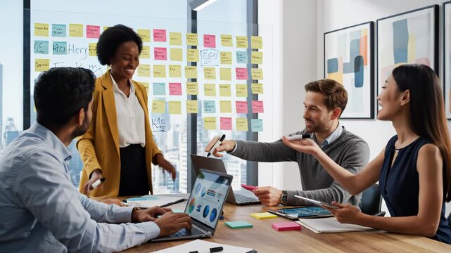 Office workers in meeting with sticky notes