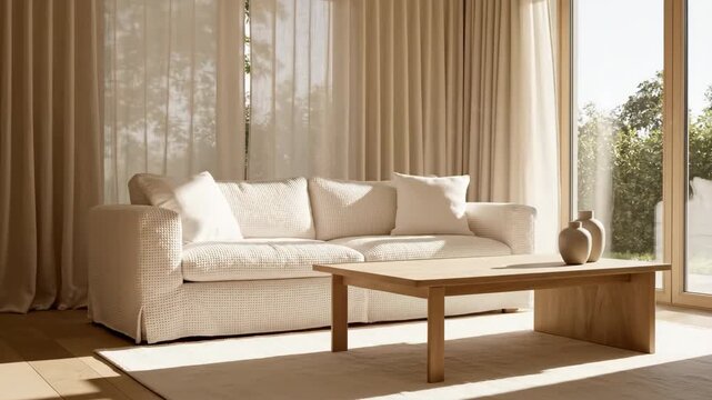 Cozy living room interior with white sofa, wooden coffee table, and soft beige curtains illuminated by warm natural sunlight streaming through large glass windows, creating a serene atmosphere