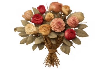 Vintage dried roses bouquet featuring muted autumn colors and rustic straw tying, transparent background offering versatile design element