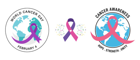 World Cancer Day Global Awareness Concept With Pink And Purple Ribbon On Earth Illustration