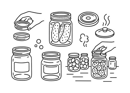 Mason Jar Doodle. Mason jar lid. Hand-drawn doodle illustration Mason jar lid home canning lid, jar with pickles, sealing bubbles, boiling pot, lid steam,