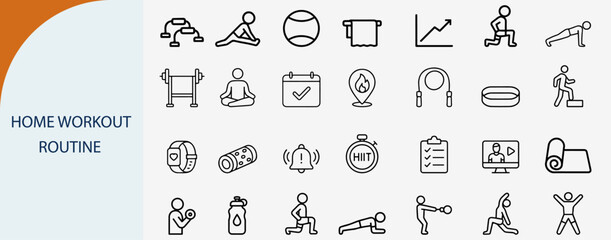 Set of 32 Home Workout Routine and Fitness Exercise Outline Icons