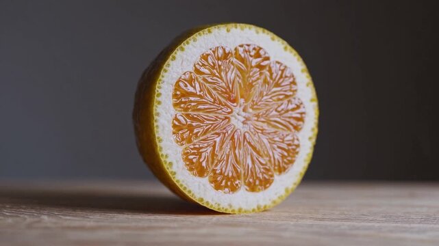 Closeup orange slice on wood, studio still life showcasing bright pulp, thick white pith, yellow rind and textured wooden surface soft side lighting creates warm shadows and vivid color, shallow