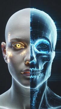 digital wireframe face merging with human face, glitch scan lines, ai fusion identity concept, vertical loop abstract motion, no text