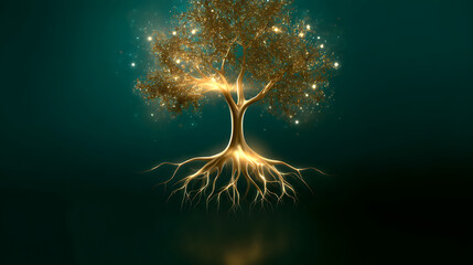 Glowing golden tree of life with roots and branches made of pure light on deep green background