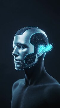robotic head outline forming from dissolving particles, human shadow behind, ai emergence concept, vertical seamless loop, dark minimal background
