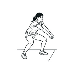Female volleyball player forearm pass receive position defensive stance sportswoman action line art vector illustration isolated on white background