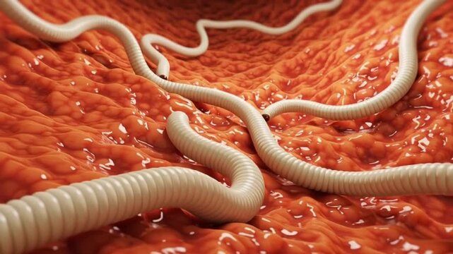 A medical illustration shows a long, white, worm-like parasite navigating through a vibrant, red, textured intestinal tract environment.
