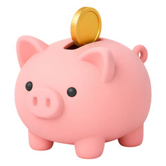 Fototapeta premium Cute pink piggy bank with golden coin being inserted, symbolizing saving money and financial growth in minimalist style