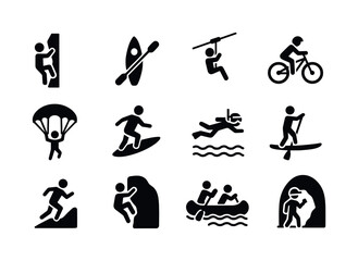 Adventure Icon Set. Adventure Activities. Solid icon set of Adventure Activities: rock climbing, kayaking, ziplining, mountain biking, skydiving, surfing,