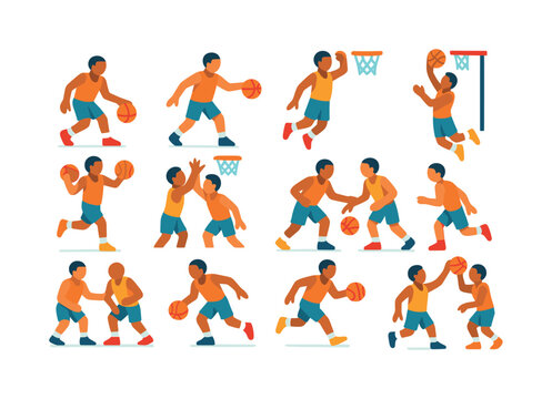 Colorful Basketball Icons. Basketball actions. Colorful flat vector icons set of basketball actions: dribble, pass, shoot, dunk, layup, block, steal, rebound,