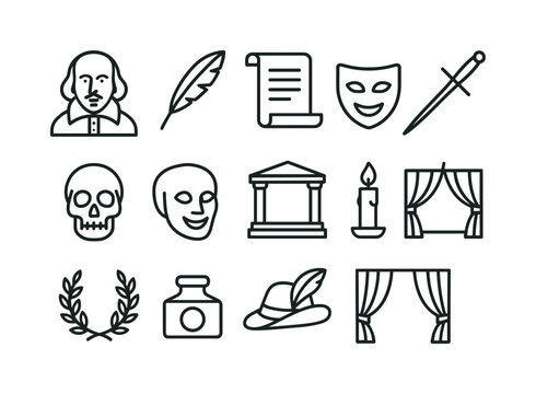 Elizabethan Theater Icons. Elizabethan theater. Line icon set of Elizabethan theater: Shakespeare bust, quill pen, parchment scroll, sword, skull, mask, stage,