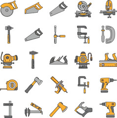 Collection of various handyman tools and workshop equipment for construction and diy projects vector