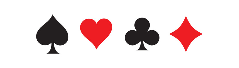 Four playing card suits icons set featuring a black spade and diamond and a red club and heart arranged horizontally in a clean, minimalist graphic design style