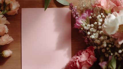 Blank Valentine&rsquo;s Day card with flowers on wooden table.